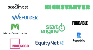 A group of logos with the words kickstarter, start engine, and funder.