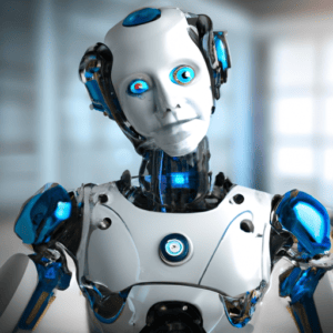 A robot with blue eyes is looking at the camera.