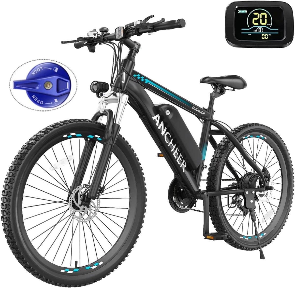 ANCHEER 500W Electric Bike 26 Gladiator Electric Mountain Bike, 48V 10.4Ah Removable Battery, Up to 50 Miles, 3.5H Fast Charge, Cruise Control, Lockable Suspension Fork, 21Speed Ebike for Adults