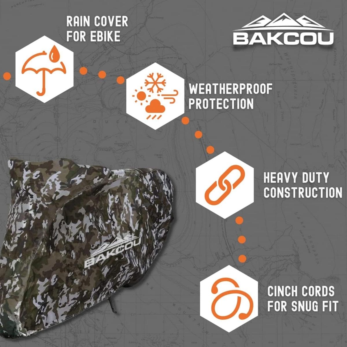 Bakcou Outdoor Bike Cover - Travel Ready Covers for eBikes and Bicycles - Waterproof Cover for Snow, Rain, Sun, UV, and Dust Protection - Heavy-Duty Nylon Camouflage Cover