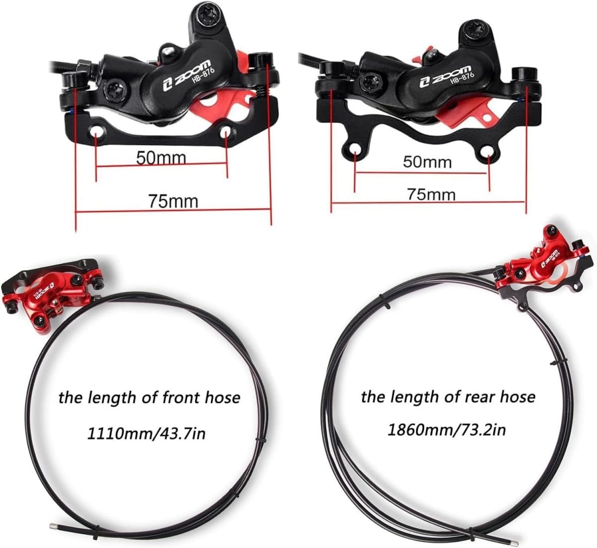BUCKLOS Zoom H876E 2-PIN 4 Pistons E-Bike Electric Power Off Hydraulic Disc Brake Set, Aluminum Alloy Lever with Caliper is/PM Adapter for eBike/MTB Mountain Bike(Pre-Bled)