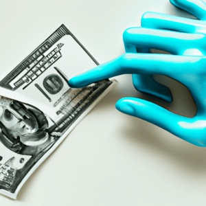 A blue hand is pointing at a dollar bill.