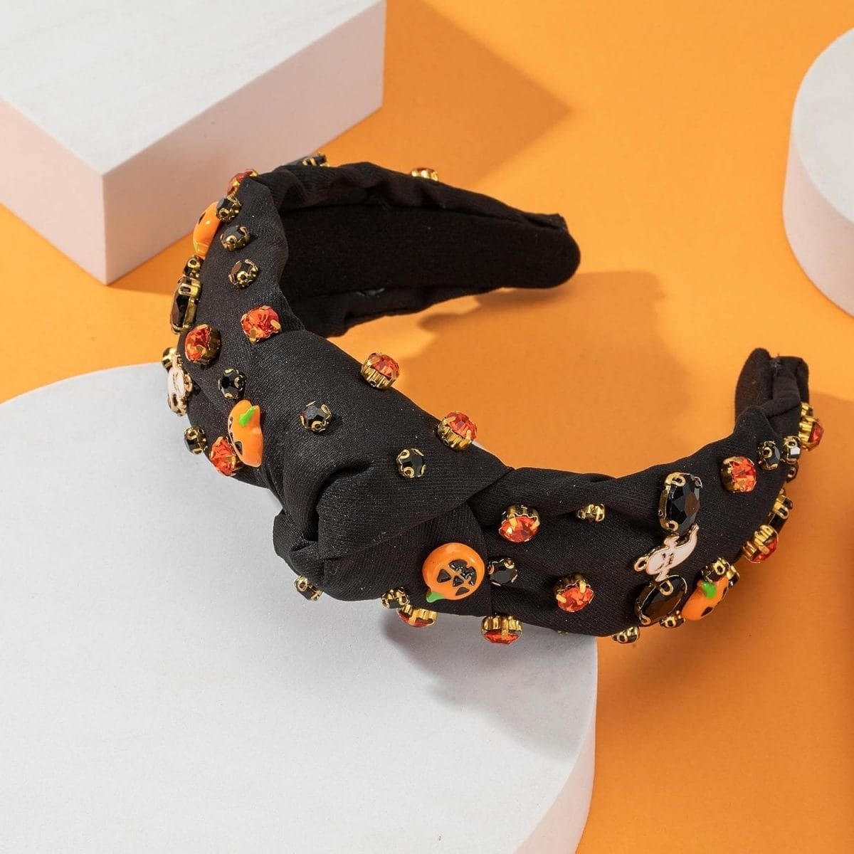 Halloween Rhinestone Knotted Jeweled Headband for Women Halloween Pumpkin Ghost Embellished Mixed Top Hairband ladies Twist Wide Hair Band Accessories Holiday Makeup Hair Hoop Gifts (Halloween-Black)