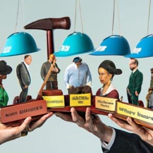 A group of people holding hats and balancing scales.