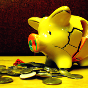 A yellow piggy bank sitting on top of a pile of coins.
