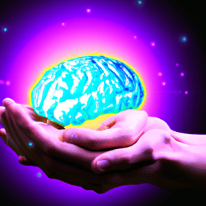 A hand holding a brain in front of a purple background.