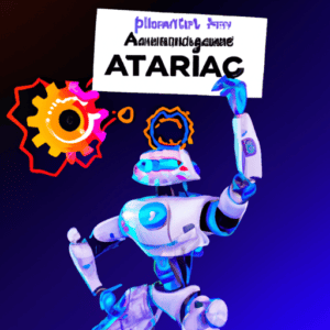 A robot holding up a sign that says ataric.