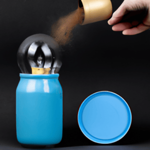 A person is pouring powder into a blue jar.