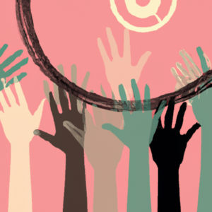 A group of hands reaching up to a circle.