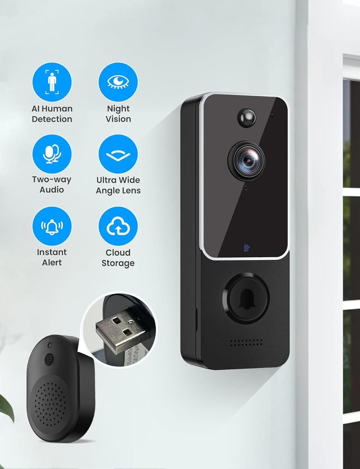 Aiwit Doorbell Camera Wireless, Indoor/Outdoor Surveillance Video Cam, Smart AI Human Detection, Live View, Included Chime Ringer, 2.4G WiFi, 2-Way Audio, Night Vision, Cloud Storage