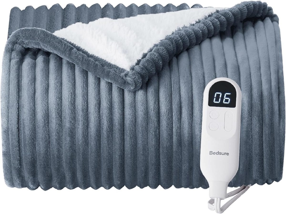 Bedsure Electric Blanket Heated Throw - Soft Ribbed Flannel Heated Blanket, Fast Heating Electric Throw with 6 Heating Levels  4 Time Settings, 3 Hours Auto-Off (50x60 inches, Grey)