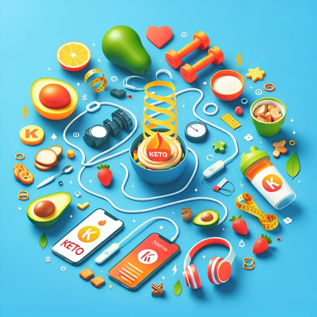 A circle of various food items in a circle on a blue background.