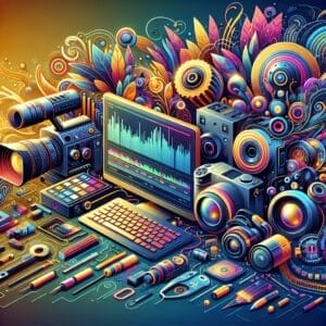 A colorful illustration of a computer and other objects.