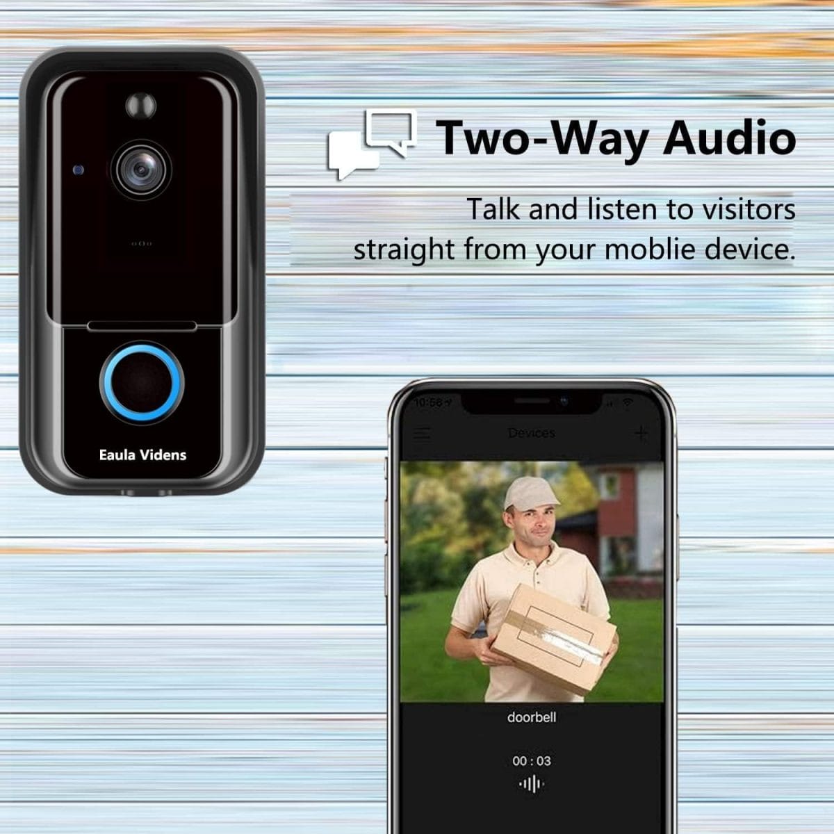 Eaula Videns Wireless HD Video Doorbell Camera HD WiFi Doorbell Wireless Operated, IP65 Waterproof, Humanoid Detection  Speaker Night Vision for iOSAndroid (Black)