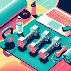 An illustration of a laptop, dumbbells, and a bottle of water.