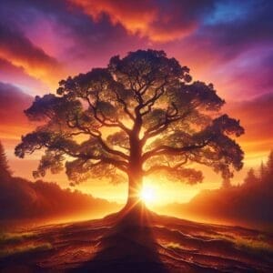 A tree with the sun behind it at sunset.