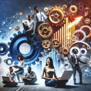A group of people sitting around a laptop with gears in the background.