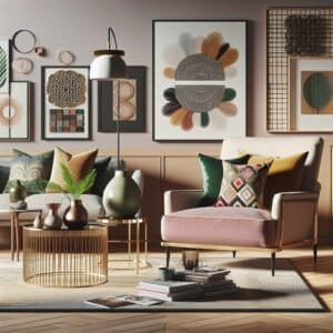 3d rendering of a living room with furniture and art on the wall.