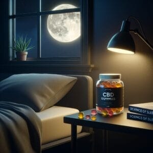 Cbd gummies on a nightstand next to a bed.