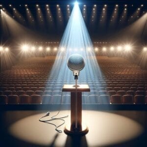 A microphone in front of an empty stage with spotlights.