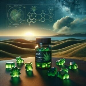 A bottle of cbd with green gummy bears in the background.