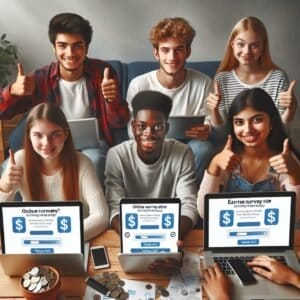 A group of young people giving thumbs up on laptops.