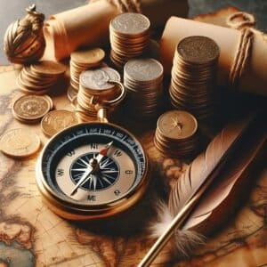 A compass, coins and a feather on a map.