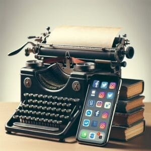 A typewriter with a smartphone and books on a table.
