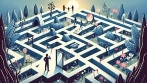 An illustration of a maze with people in it.