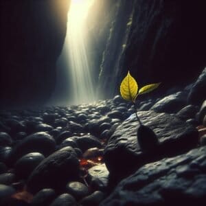 A leaf is growing out of a rock.