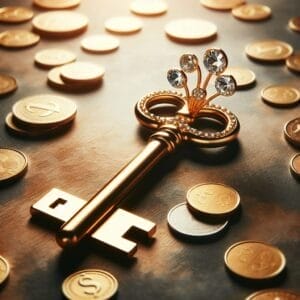 A golden key surrounded by gold coins.