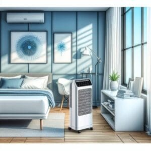 An air conditioner in a bedroom with blue walls.