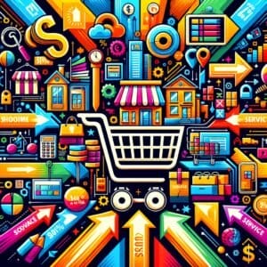 An image of a shopping cart surrounded by colorful icons.