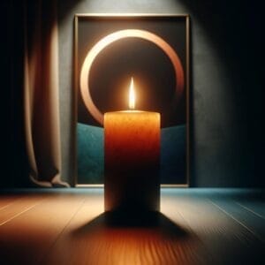 A candle is lit in front of a painting.
