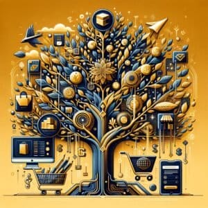 An illustration of a tree with a lot of icons on it.