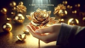 An image of a hand holding a gold rose.