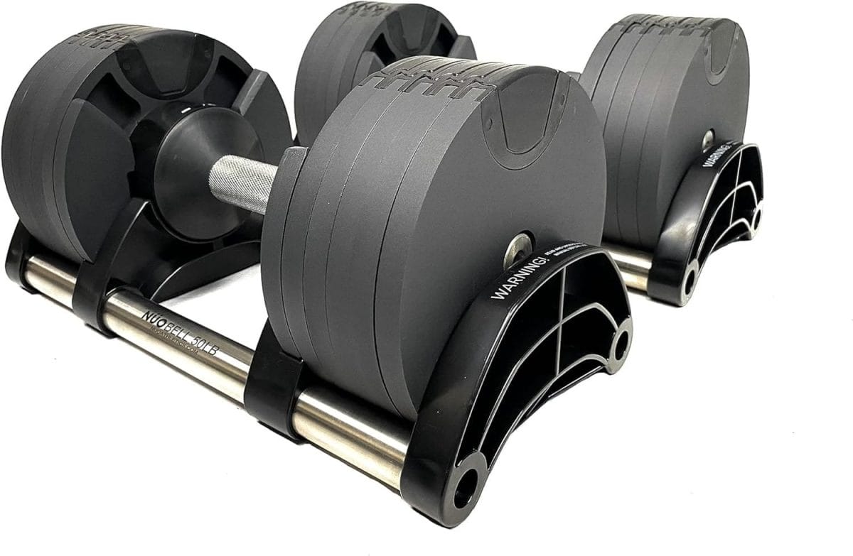 Bolt Fitness Supply NUOBELL Adjustable Dumbbell 5 - 50LB (Pair) Black with Tray| Multiple Levels of Weight Change one-Hand, Black| Strength Training Exercise Equipment for Full Body Workout Home Gym