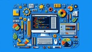 A blue background with a computer and other objects on it.