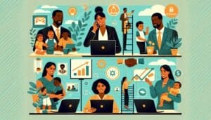 Illustration of a group of people working at a desk.