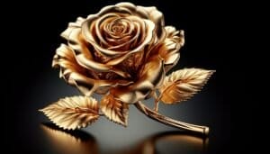 A gold rose on a black background.