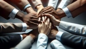 A group of business people putting their hands together in a circle.