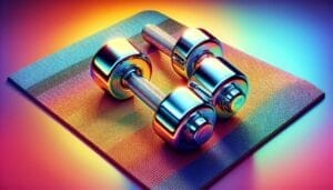 A pair of dumbbells on a colorful background.