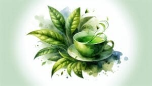 A cup of green tea with leaves on a white background.