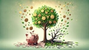 A piggy bank with coins and a tree.