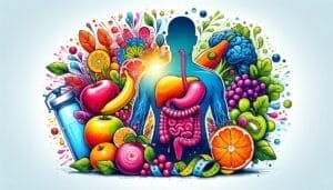 An illustration of a person surrounded by fruits and vegetables.