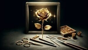 A gold rose in a frame with scissors and other tools.