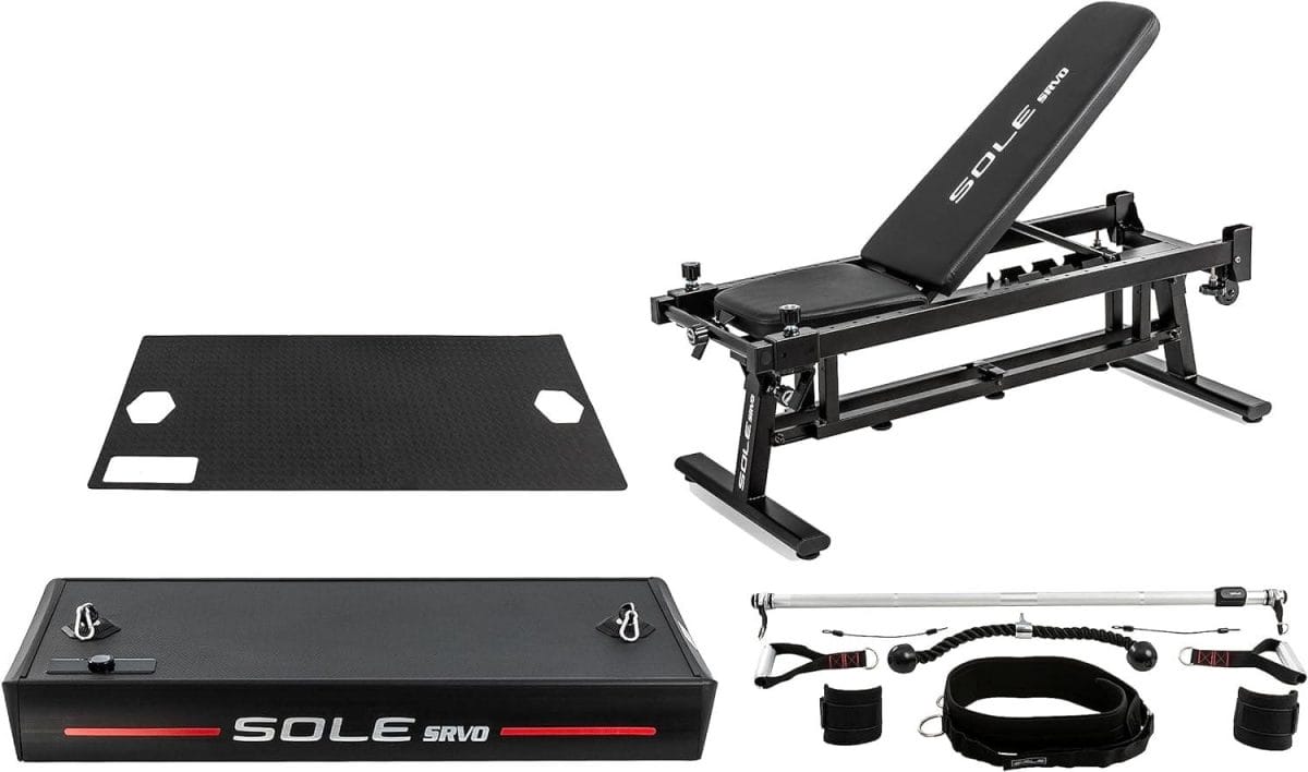 SOLE SRVO Weight Trainer, Resistance Bands and Pushup Stand, Strength Exercise Equipment for Daily Weight Training at Home Gym - Includes 2 Wheels, Motorized Resistance System, Handles, Ropes, a Bar and Mat