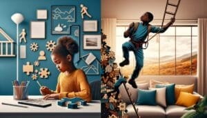 Two pictures of a boy and a girl working on a computer.