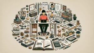 An illustration of a person sitting at a desk surrounded by various objects.