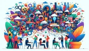 A colorful illustration of people sitting around a table.